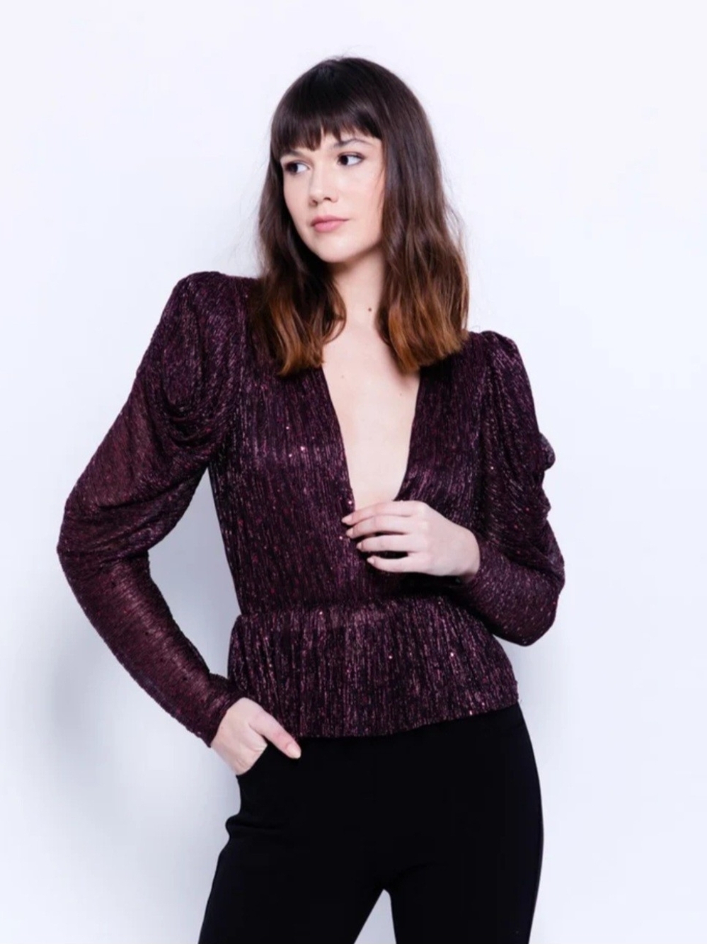 Sabina Musayev Bruno Shimmering Deep Plum V-Neck Peplum Top